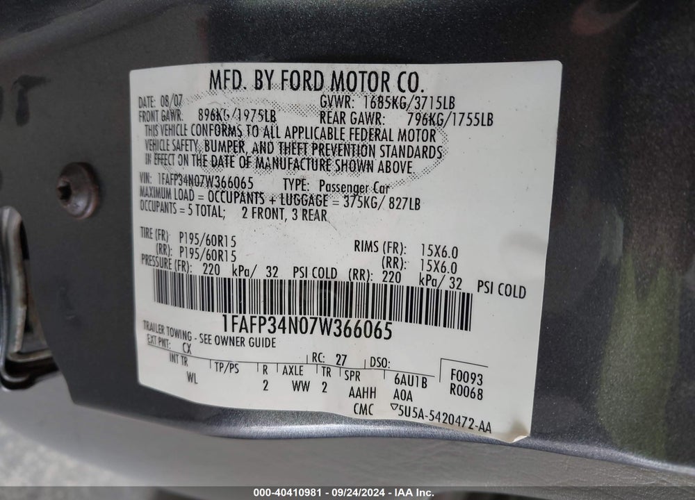 2007 FORD FOCUS S/SE/SES VIN: 1FAFP34N07W366065