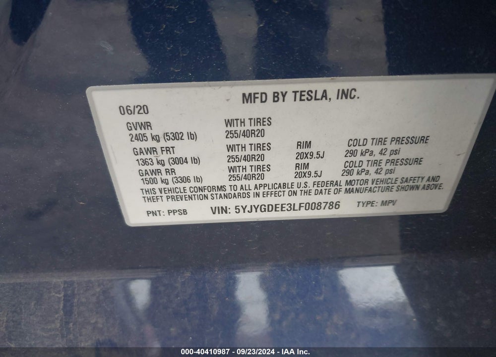 2020 TESLA MODEL Y LONG RANGE DUAL MOTOR ALL-WHEEL DRIVE VIN: 5YJYGDEE3LF008786