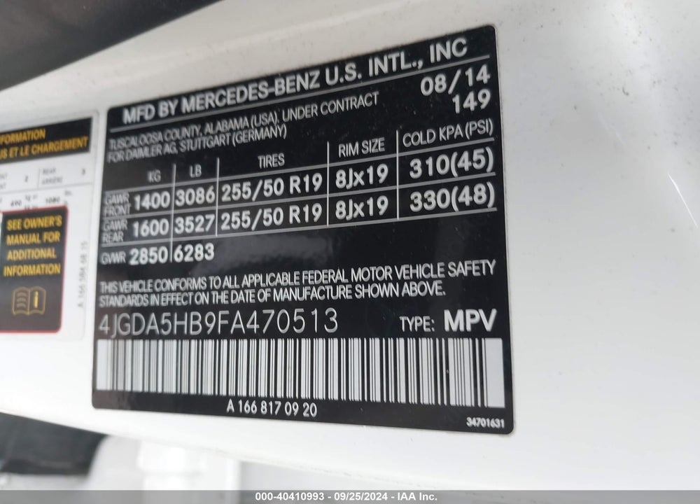 2015 MERCEDES-BENZ ML 350 4MATIC VIN: 4JGDA5HB9FA470513