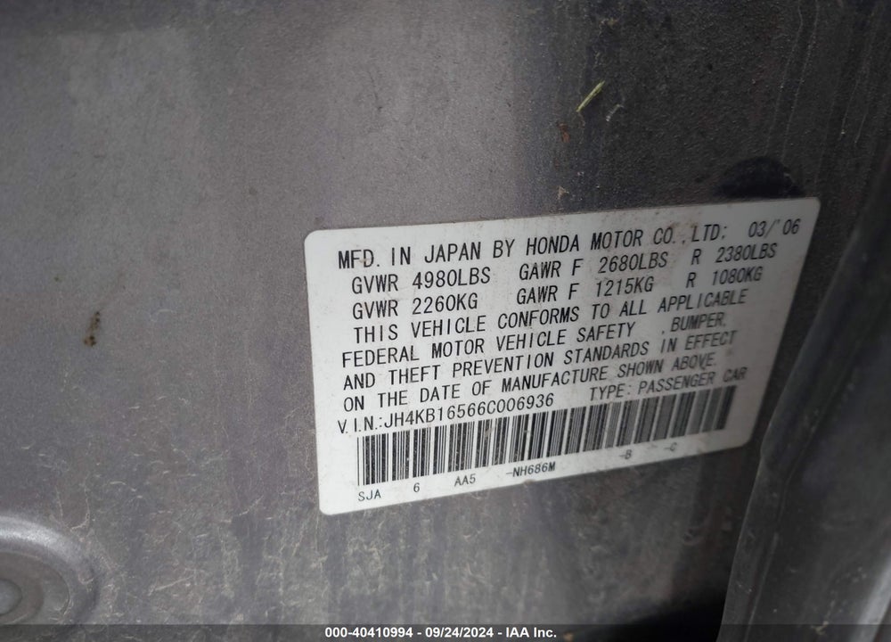 2006 ACURA RL 3.5 VIN: JH4KB16566C006936