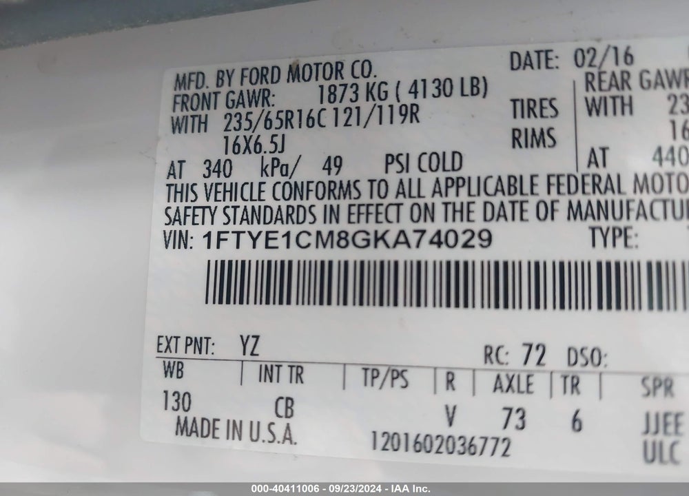 2016 FORD TRANSIT VIN: 1FTYE1CM8GKA74029