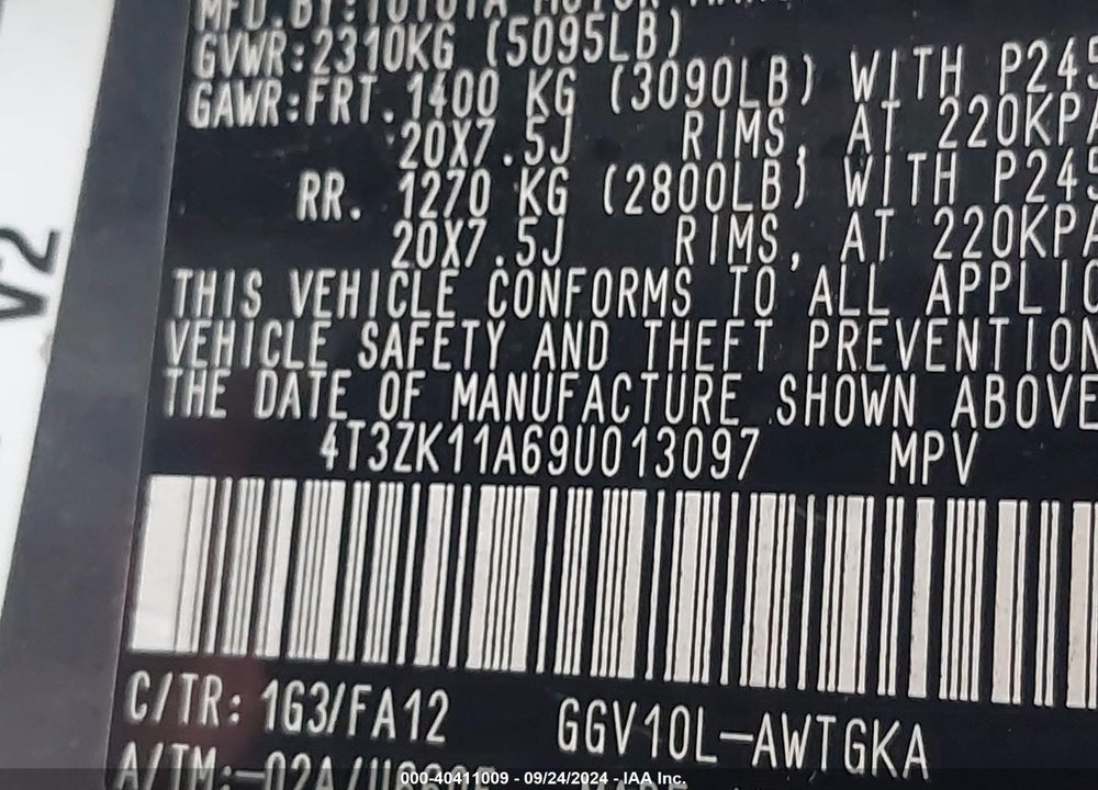 2009 TOYOTA VENZA BASE V6 VIN: 4T3ZK11A69U013097
