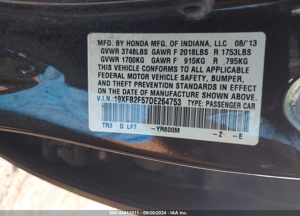 2013 HONDA CIVIC LX VIN: 19XFB2F57DE264753