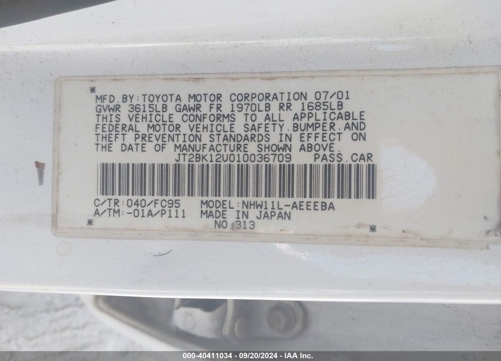 2001 TOYOTA PRIUS BASE (ECVT) VIN: JT2BK12U010036709