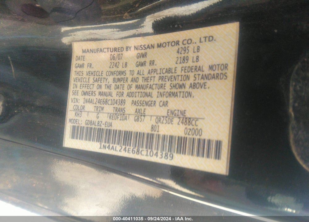 2008 NISSAN ALTIMA 2.5 S VIN: 1N4AL24E68C104389