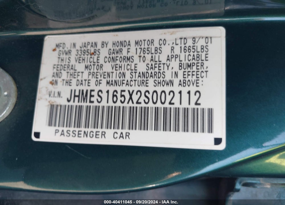 2002 HONDA CIVIC LX VIN: JHMES165X2S002112