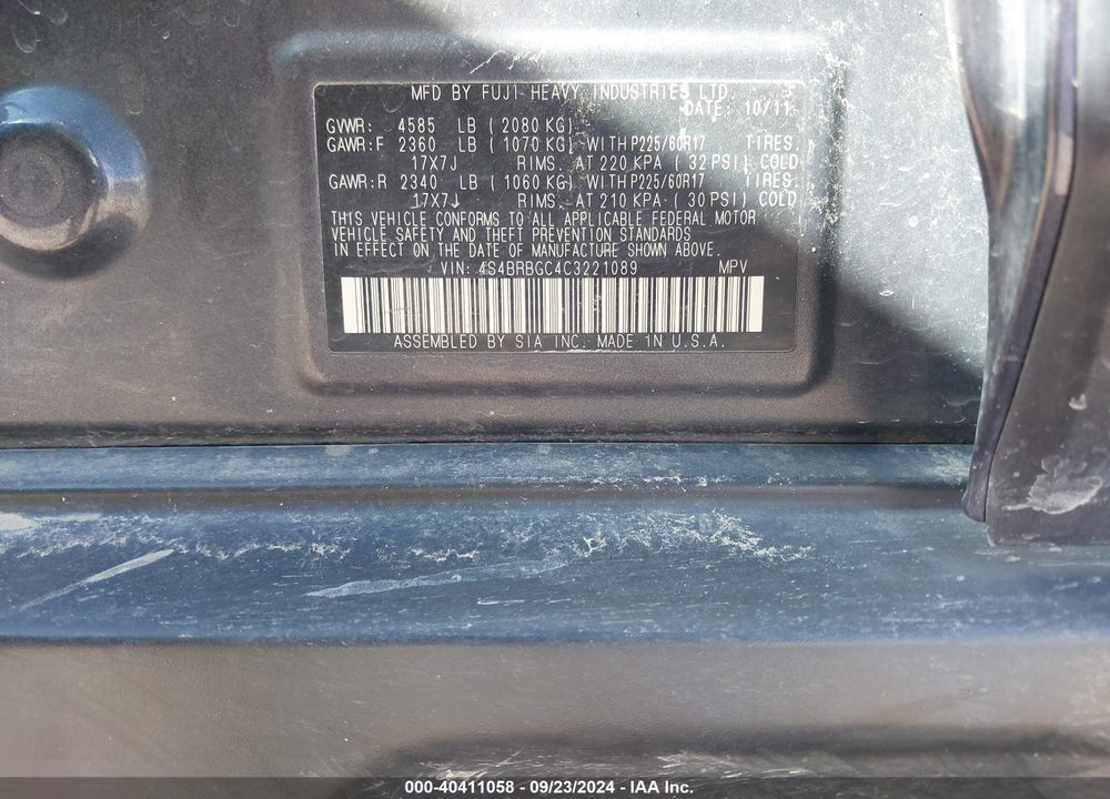 2012 SUBARU OUTBACK 2.5I PREMIUM VIN: 4S4BRBGC4C3221089