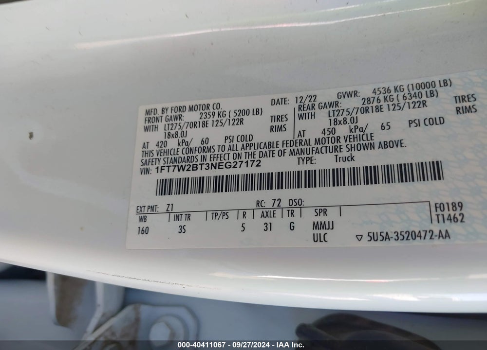 2022 FORD F-250 XLT VIN: 1FT7W2BT3NEG27172