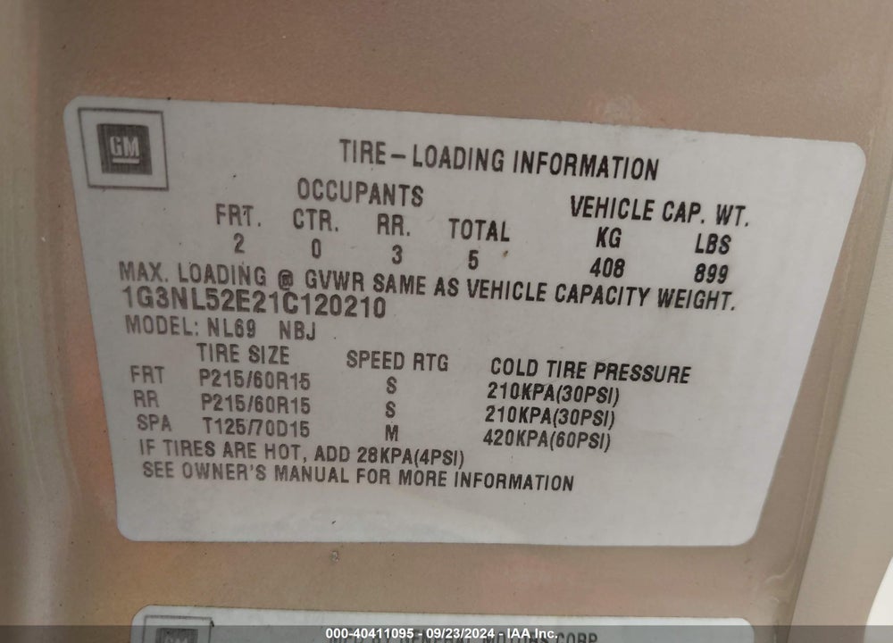2001 OLDSMOBILE ALERO GL1 VIN: 1G3NL52E21C120210