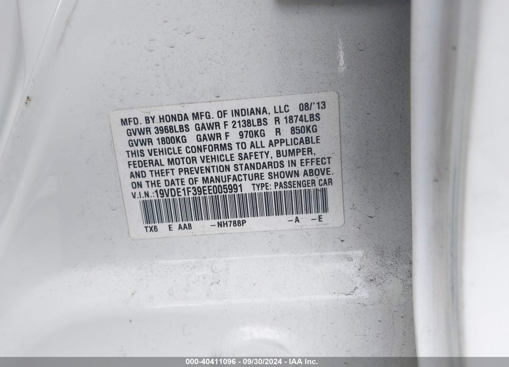 2014 ACURA ILX VIN: 19VDE1F39EE005991