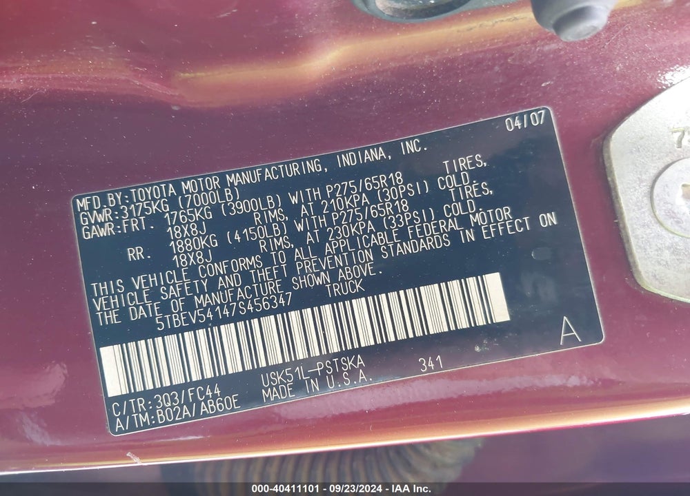 2007 TOYOTA TUNDRA SR5 5.7L V8 VIN: 5TBEV54147S456347