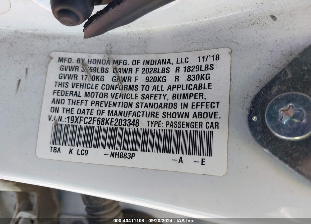 2019 HONDA CIVIC LX VIN: 19XFC2F68KE203348