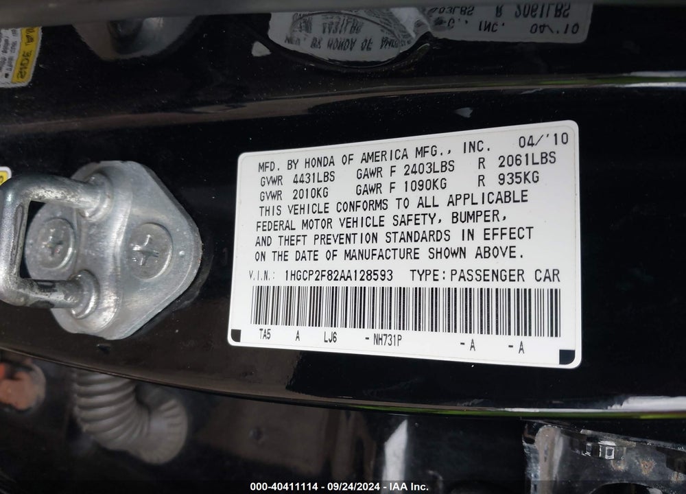 2010 HONDA ACCORD 2.4 EX-L VIN: 1HGCP2F82AA128593