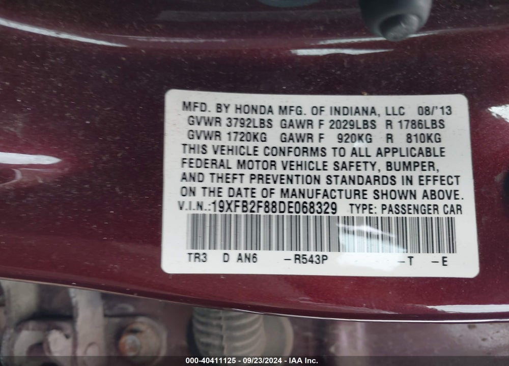 2013 HONDA CIVIC EX VIN: 19XFB2F88DE068329