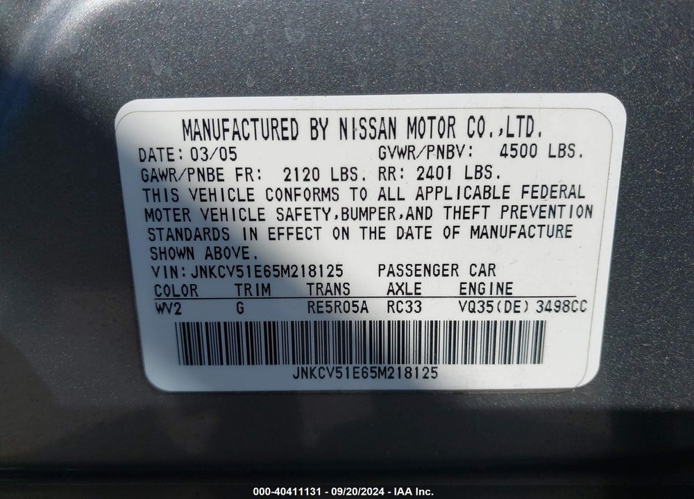 2005 INFINITI G35 VIN: JNKCV51E65M218125