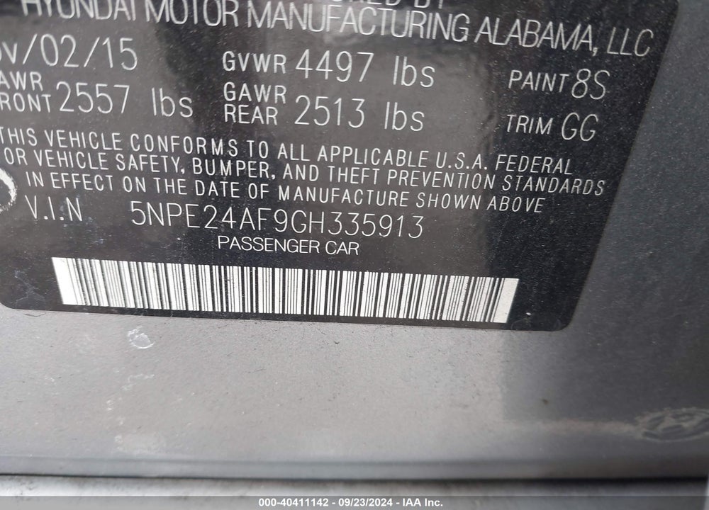 2016 HYUNDAI SONATA SE VIN: 5NPE24AF9GH335913