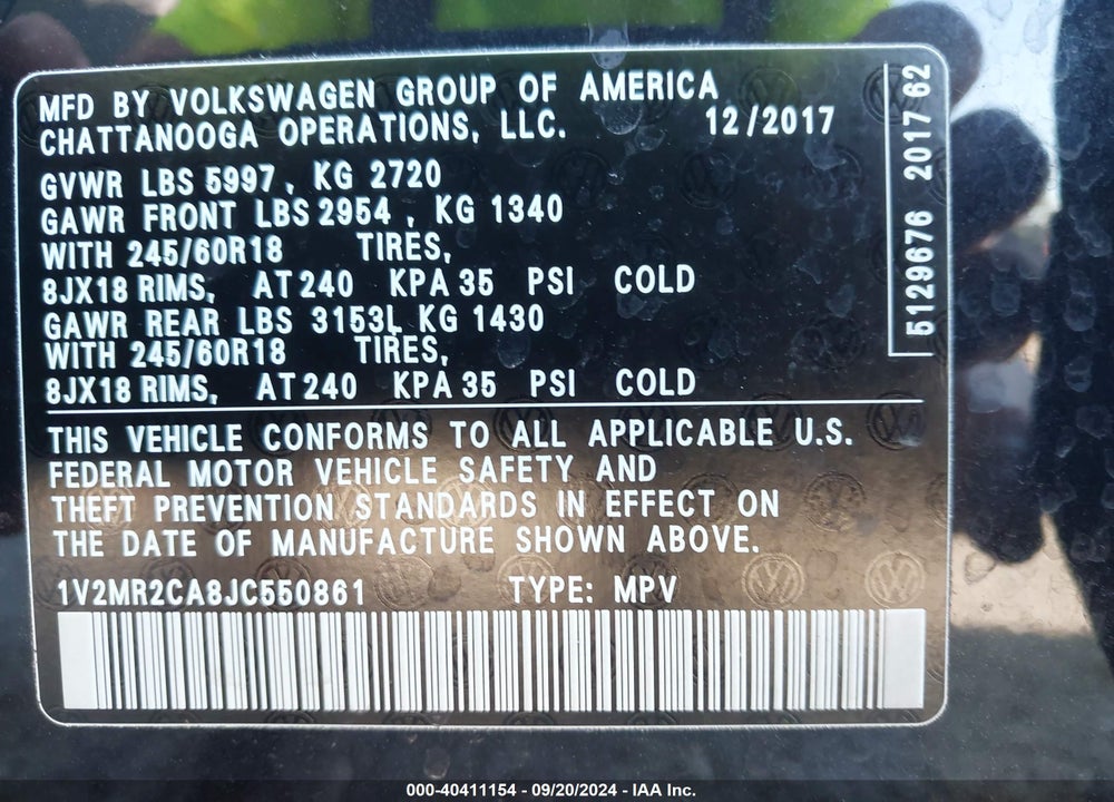 2018 VOLKSWAGEN ATLAS 3.6L V6 SEL VIN: 1V2MR2CA8JC550861