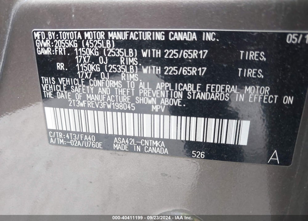 2015 TOYOTA RAV4 VIN: 2T3WFREV3FW198045