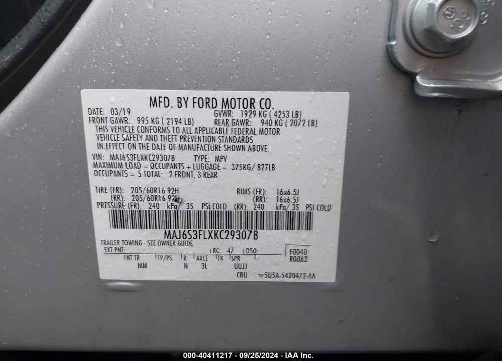 2019 FORD ECOSPORT S VIN: MAJ6S3FLXKC293078