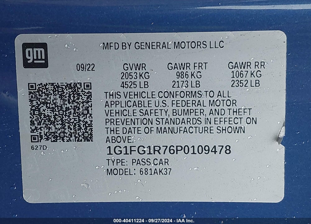 2023 CHEVROLET CAMARO VIN: 1G1FG1R76P0109478