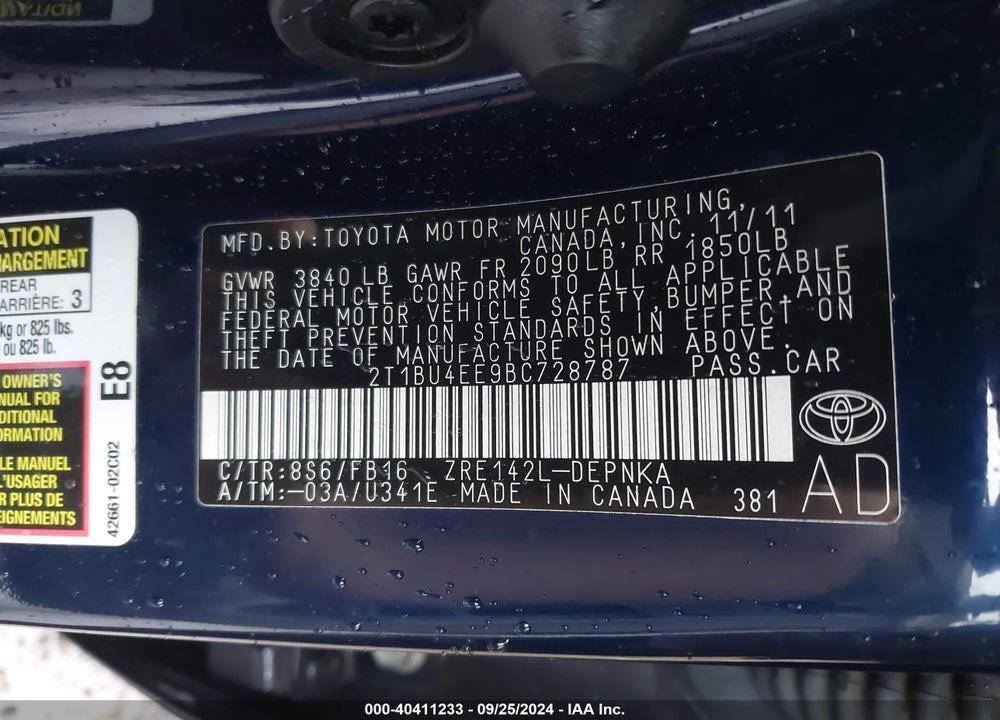 2011 TOYOTA COROLLA LE VIN: 2T1BU4EE9BC728787