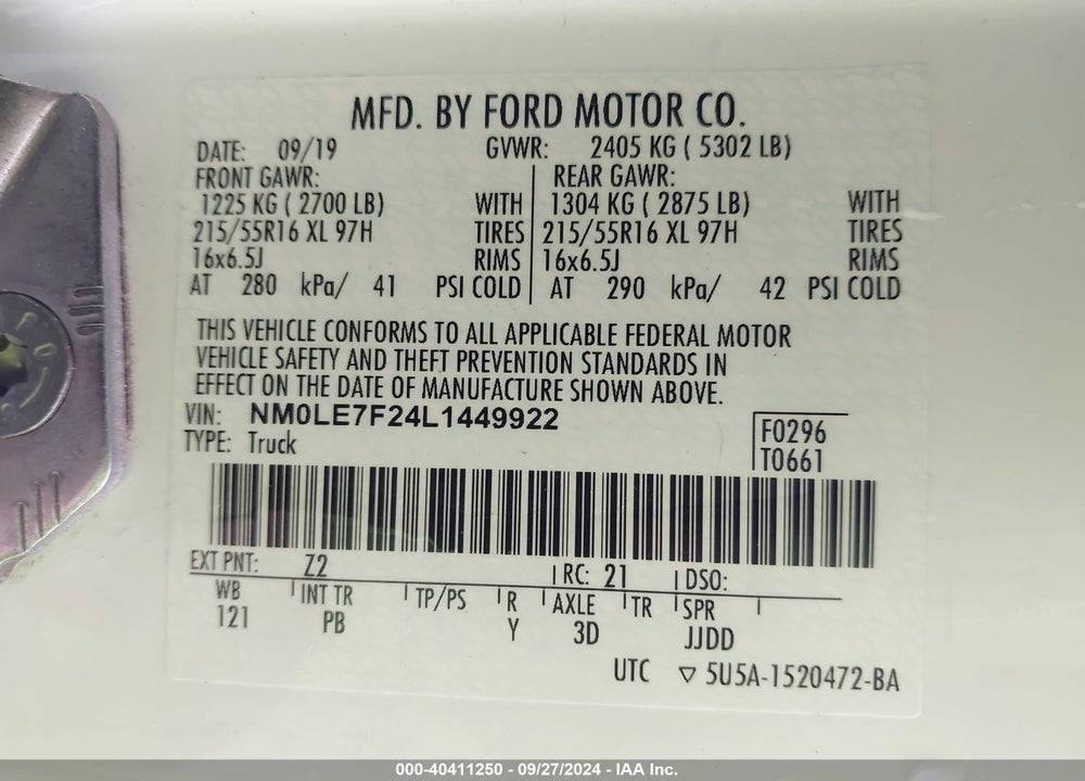 2020 FORD TRANSIT CONNECT VIN: NM0LE7F24L1449922