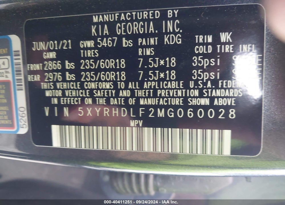 2021 KIA SORENTO EX VIN: 5XYRHDLF2MG060028