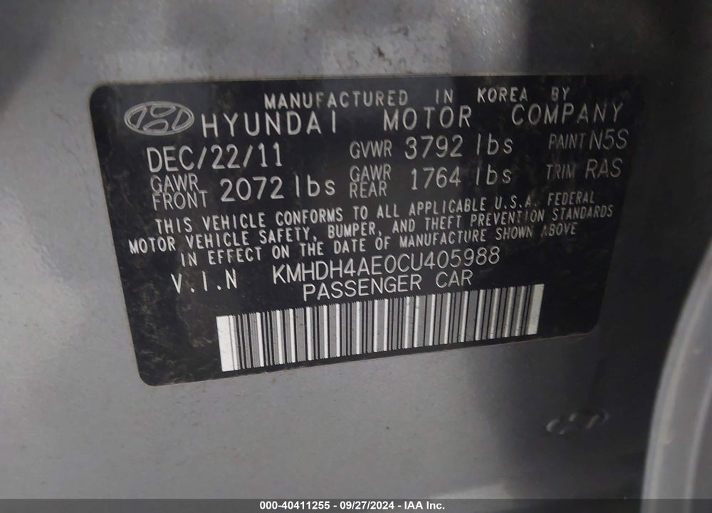 2012 HYUNDAI ELANTRA GLS (ULSAN PLANT) VIN: KMHDH4AE0CU405988