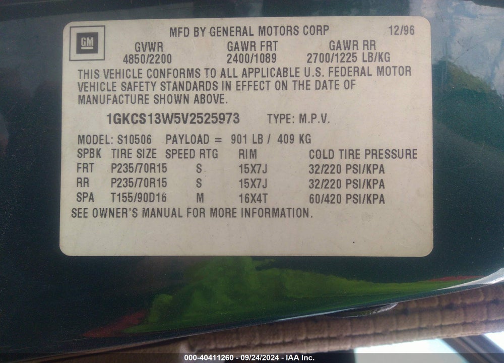 1997 GMC JIMMY SLS VIN: 1GKCS13W5V2525973