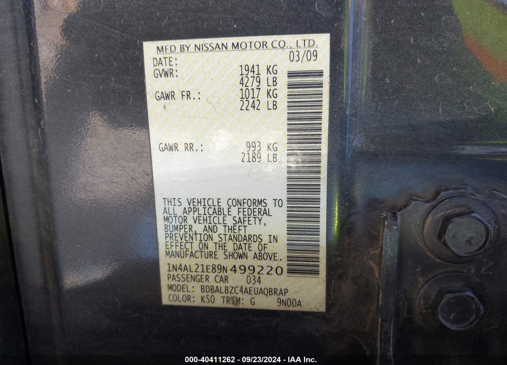 2009 NISSAN ALTIMA 2.5 S VIN: 1N4AL21E89N499220