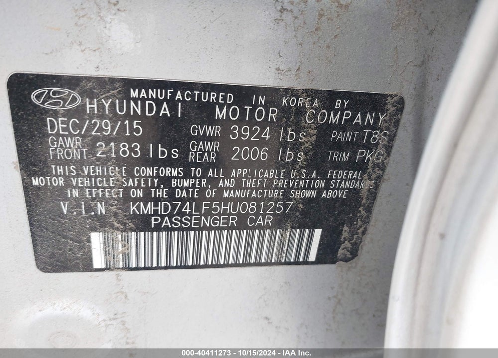 2017 HYUNDAI ELANTRA SE VIN: KMHD74LF5HU081257