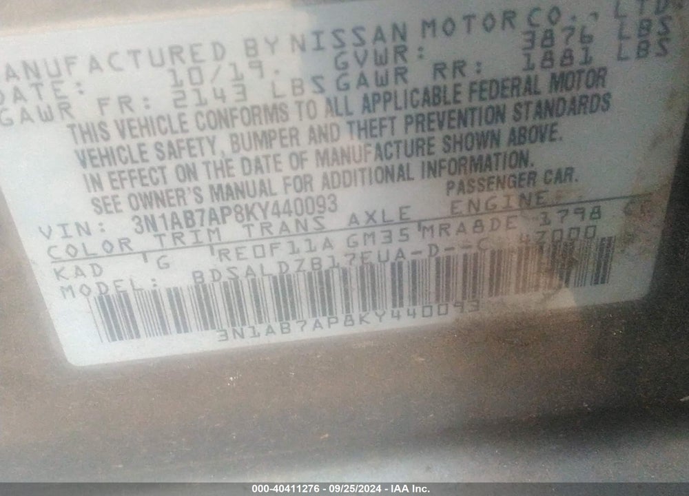 2019 NISSAN SENTRA SV VIN: 3N1AB7AP8KY440093