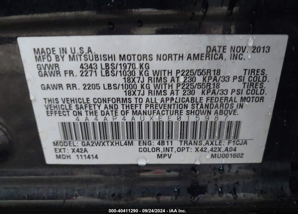 2014 MITSUBISHI OUTLANDER SPORT SE VIN: 4A4AP4AUXEE015987