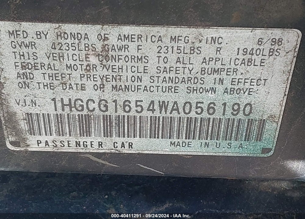 1998 HONDA ACCORD EX V6 VIN: 1HGCG1654WA056190