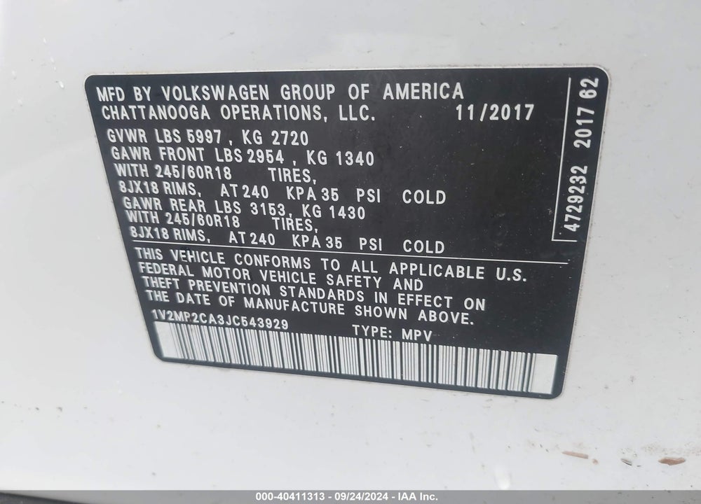 2018 VOLKSWAGEN ATLAS 3.6L V6 SEL VIN: 1V2MR2CA3JC543929