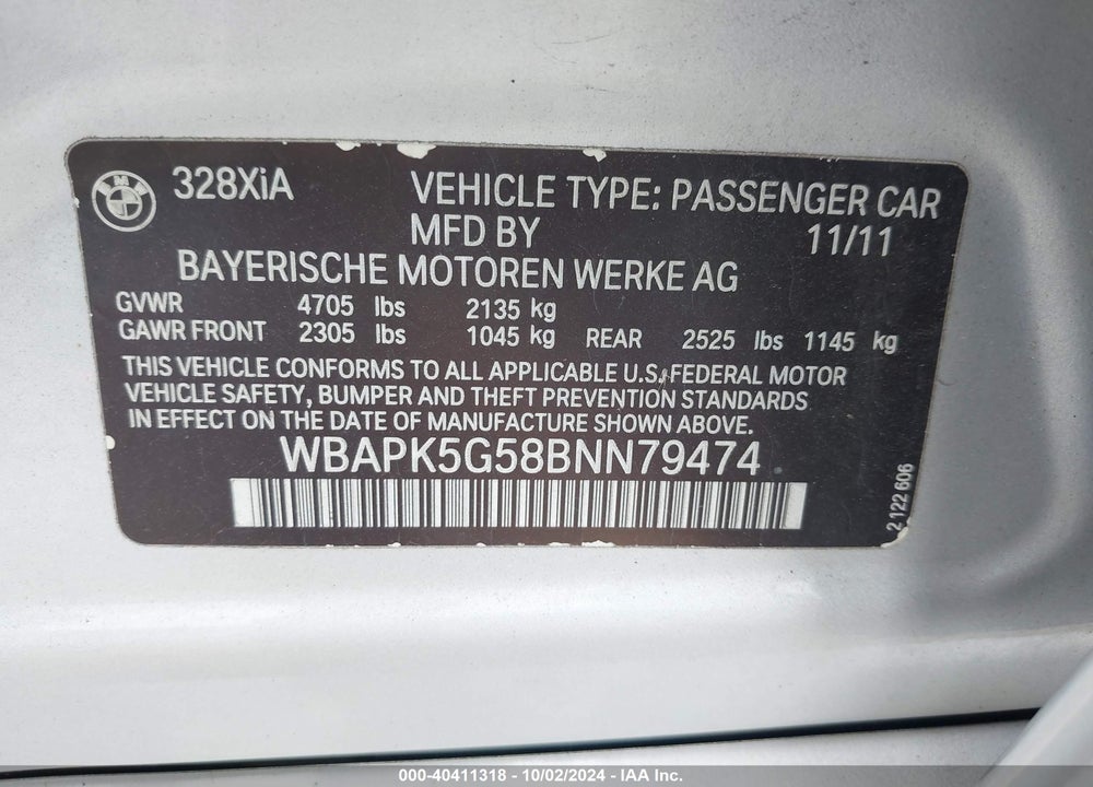2011 BMW 328I XDRIVE VIN: WBAPK5G58BNN79474