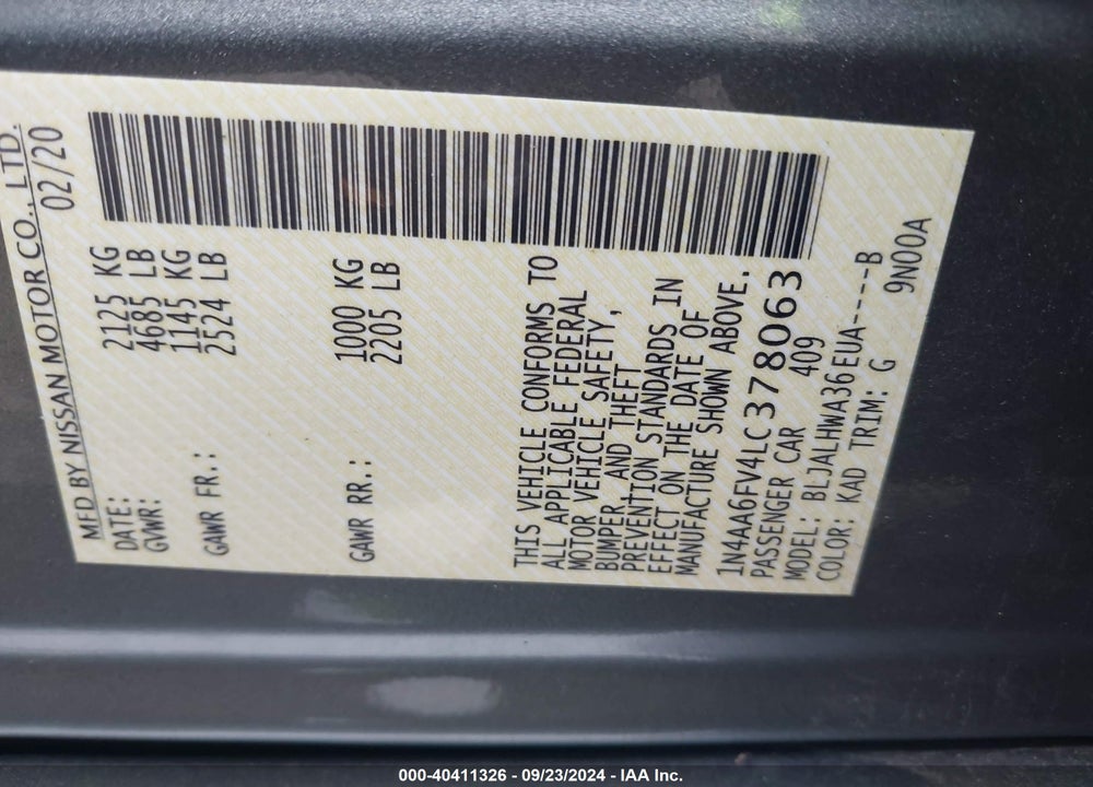 2020 NISSAN MAXIMA PLATINUM XTRONIC CVT VIN: 1N4AA6FV4LC378063