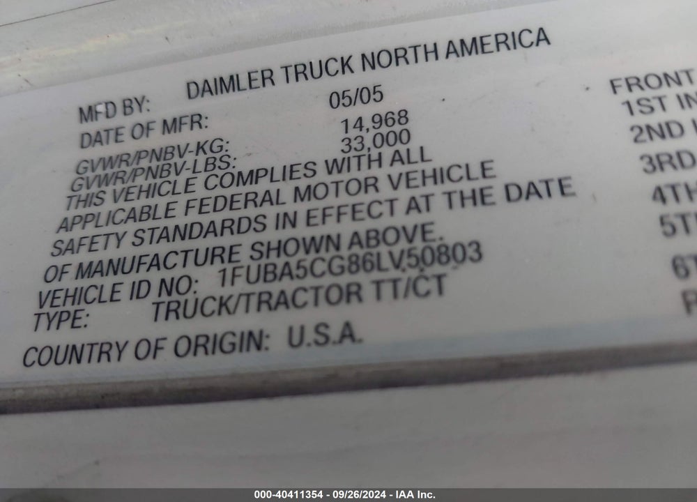 2006 FREIGHTLINER CONVENTIONAL COLUMBIA VIN: 1FUBA5CG86LV50803