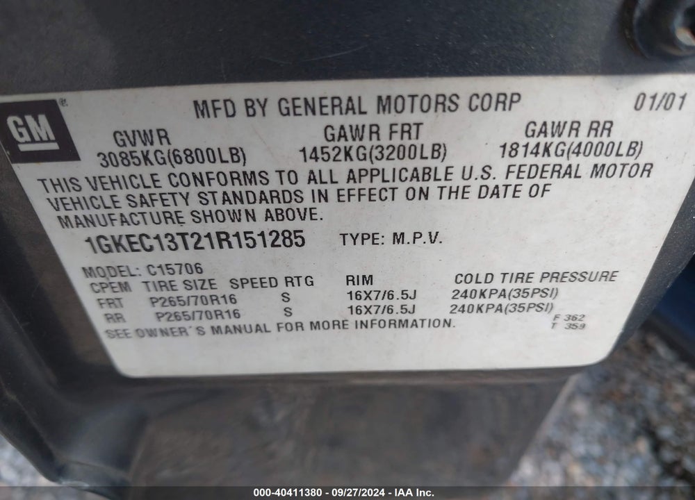 2001 GMC YUKON SLT VIN: 1GKEC13T21R151285
