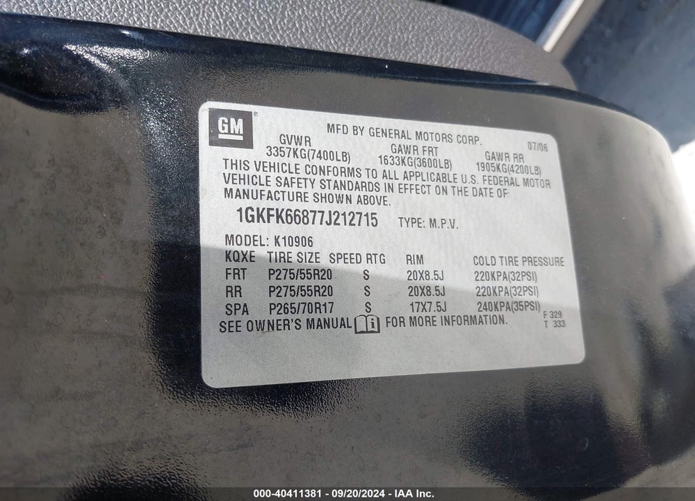 2007 GMC YUKON XL 1500 DENALI VIN: 1GKFK66877J212715
