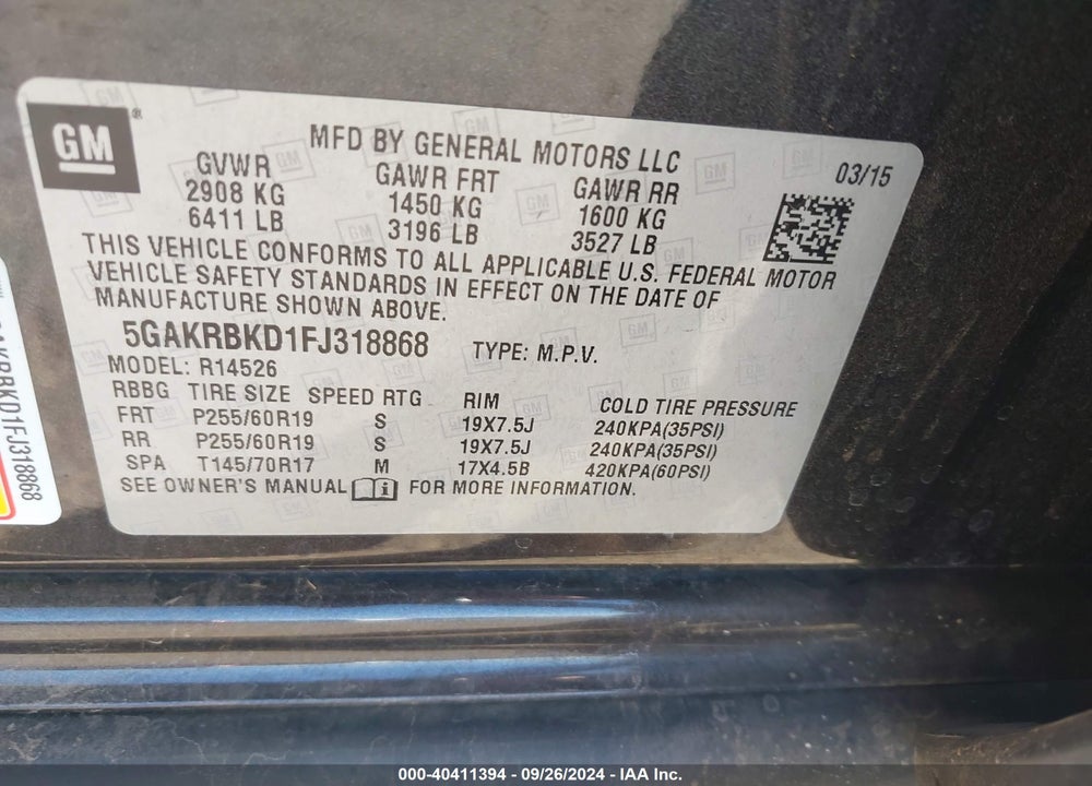 2015 BUICK ENCLAVE LEATHER VIN: 5GAKRBKD1FJ318868