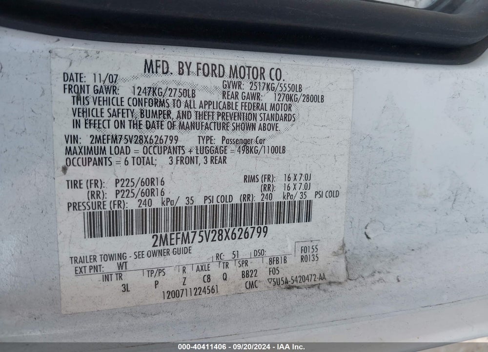 2008 MERCURY GRAND MARQUIS LS VIN: 2MEFM75V28X626799