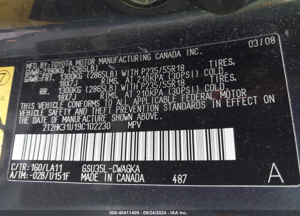 2009 LEXUS RX 350 VIN: 2T2HK31U19C102230