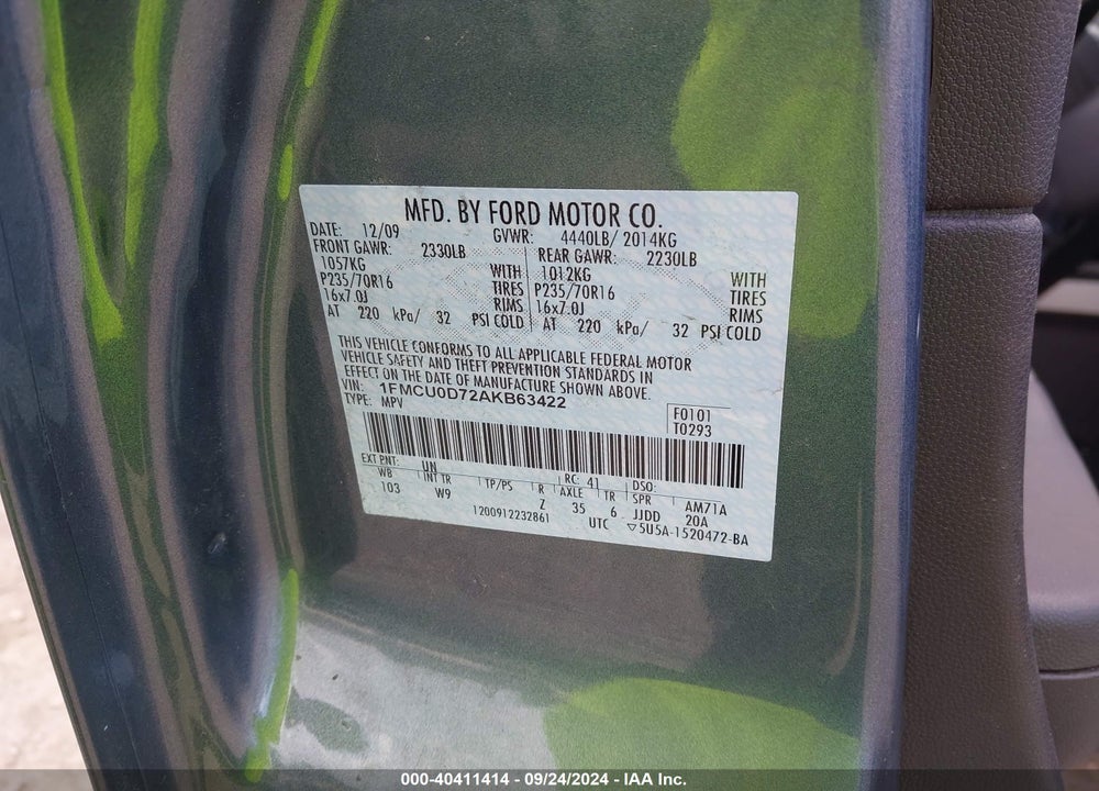 2010 FORD ESCAPE XLT VIN: 1FMCU0D72AKB63422