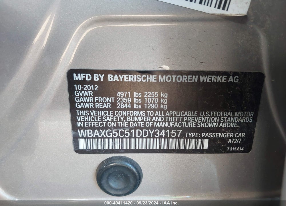 2013 BMW 528I VIN: WBAXG5C51DDY34157
