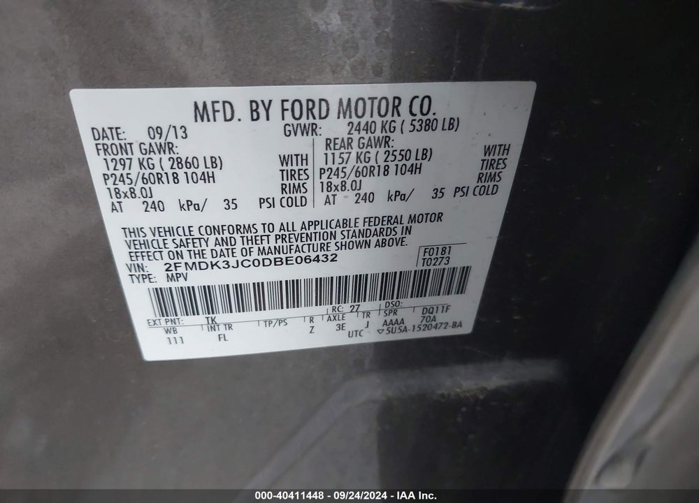 2013 FORD EDGE SEL VIN: 2FMDK3JC0DBE06432