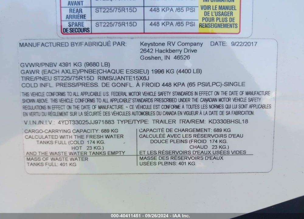 2018 KODIAK 330BHSL VIN: 4YDT33025JJ971883