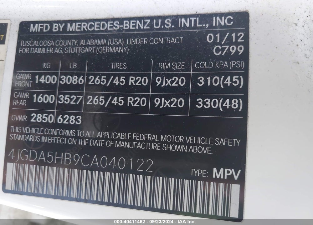 2012 MERCEDES-BENZ ML 350 4MATIC VIN: 4JGDA5HB9CA040122