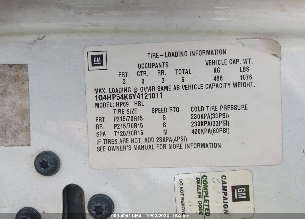 2000 BUICK LESABRE CUSTOM VIN: 1G4HP54K6Y4121011