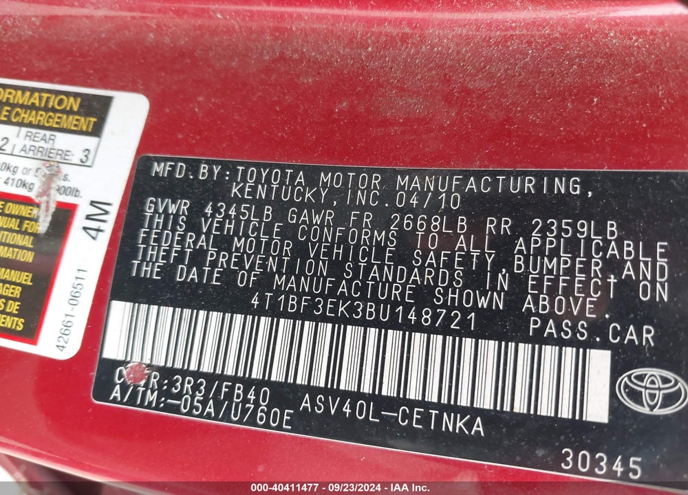2011 TOYOTA CAMRY LE VIN: 4T1BF3EK3BU148721